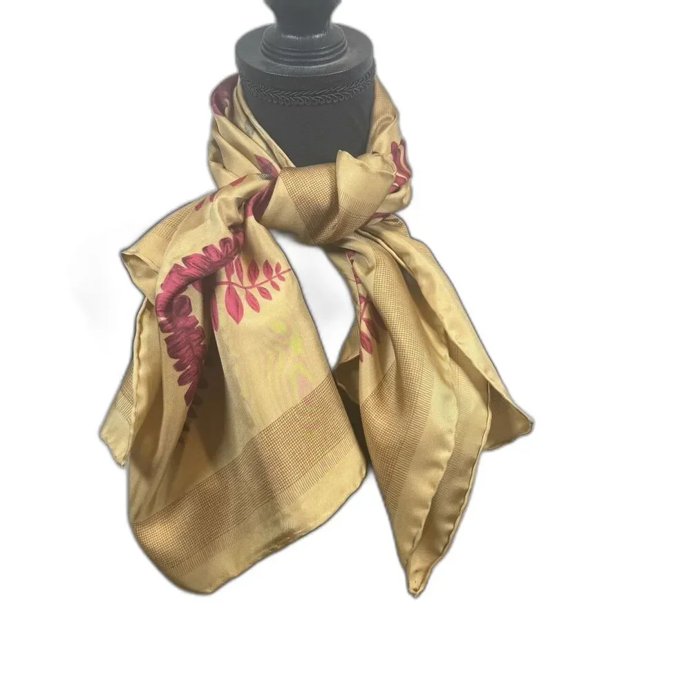 Tanner Square Silk Scarf Gold With Red Florals Wrap Head Cover Silk Nature Leaf